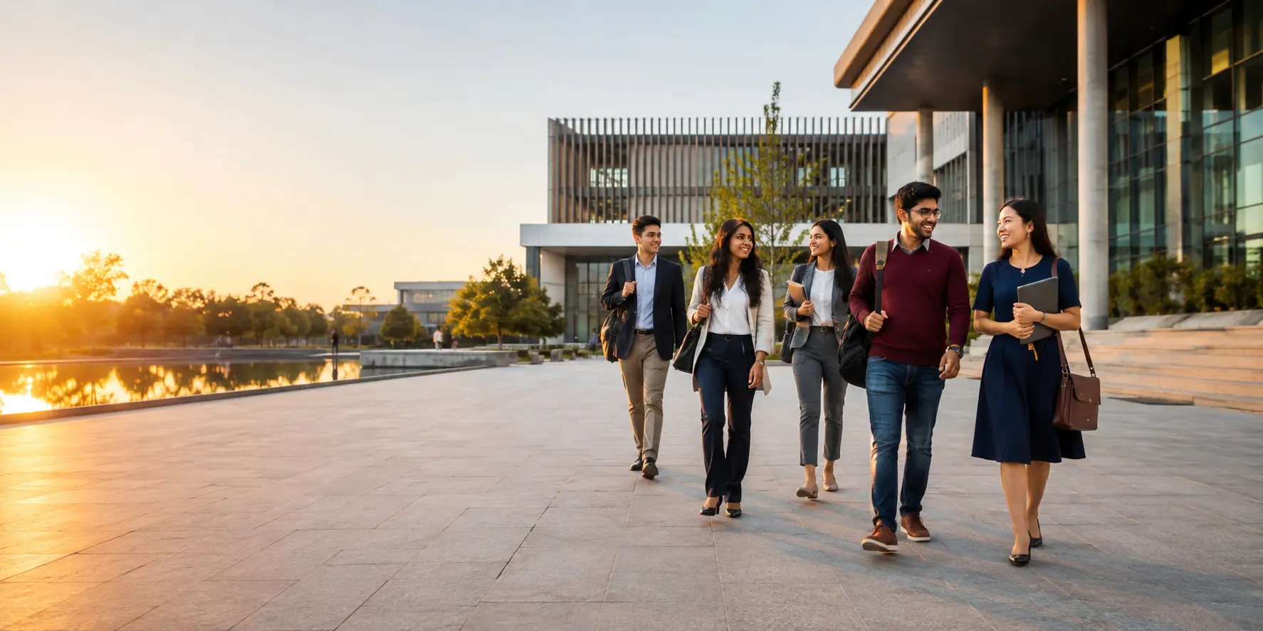 Students walking on a modern university campus